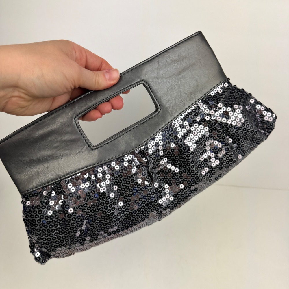 Y2K 00s sequin sequins clutch purse gray grey silver button closure faux leather